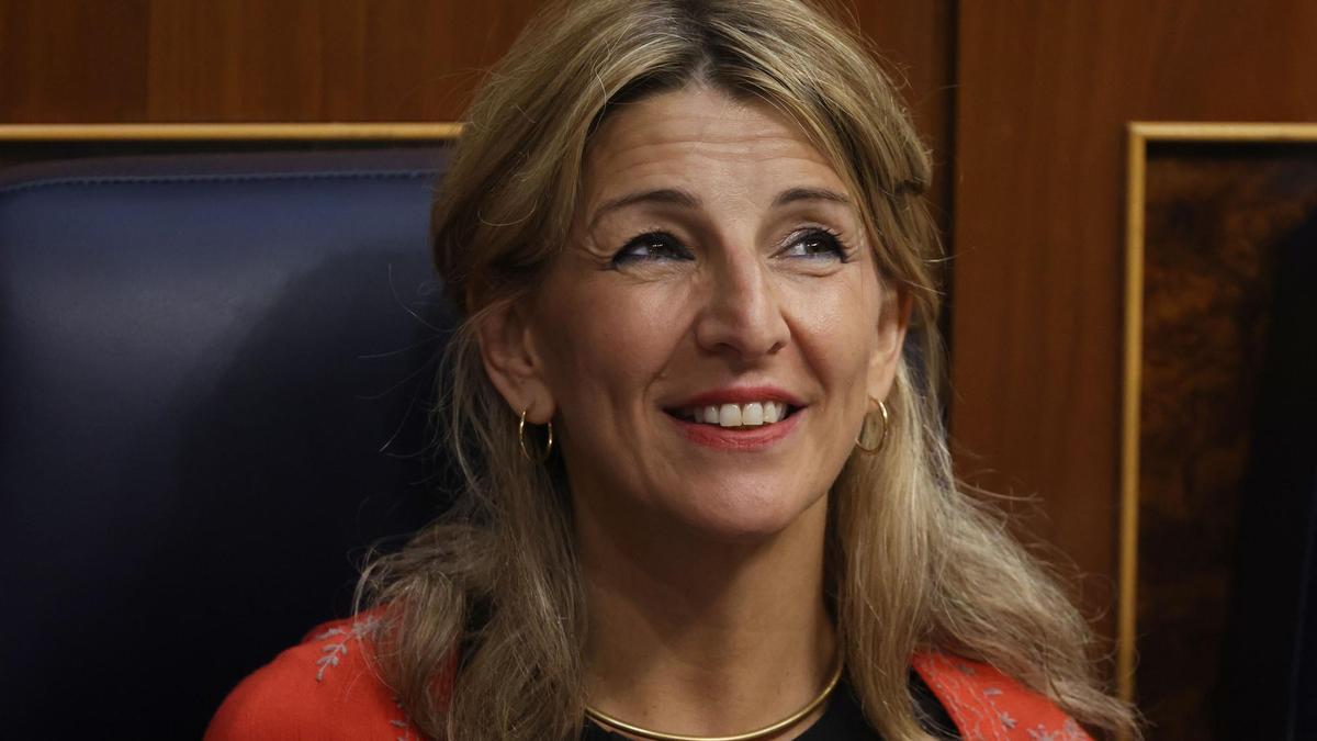 La vicepresidenta segunda y ministra de Trabajo y Economía Social, Yolanda Díaz, en la segunda jornada de la 26 edición del Debate sobre el Estado de la Nación, en el Congreso de los Diputados, a 13 de julio de 2022, en Madrid (España).