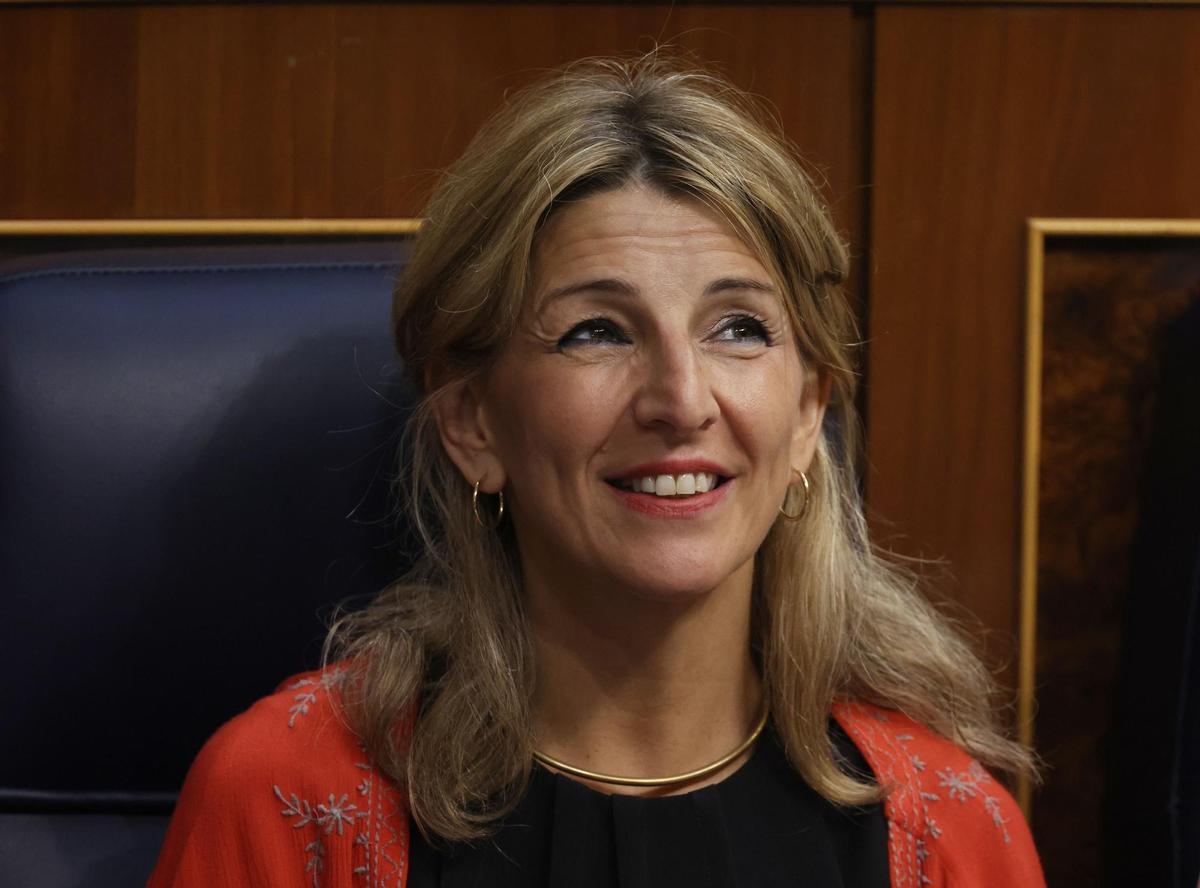 La vicepresidenta segunda y ministra de Trabajo y Economía Social, Yolanda Díaz, en la segunda jornada de la 26 edición del Debate sobre el Estado de la Nación, en el Congreso de los Diputados, a 13 de julio de 2022, en Madrid (España).