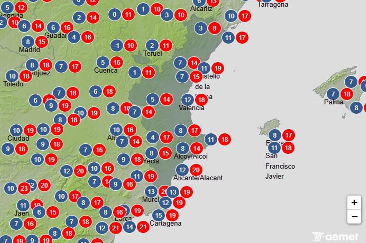 Máximas y mínimas previstas por la Aemet para este domingo.