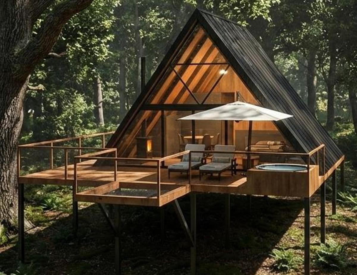 La recreación de una de las cabañas proyectadas en Forqueiros (Bueu), de estilo nórdico y sobre pilotes de madera.