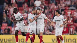 Lucas Ocampos of Sevilla FC reacts after scoring goal during the La Liga Santander match between Athletic Club and Sevilla FC at San Mames on April 27, 2023, in Bilbao, Spain.