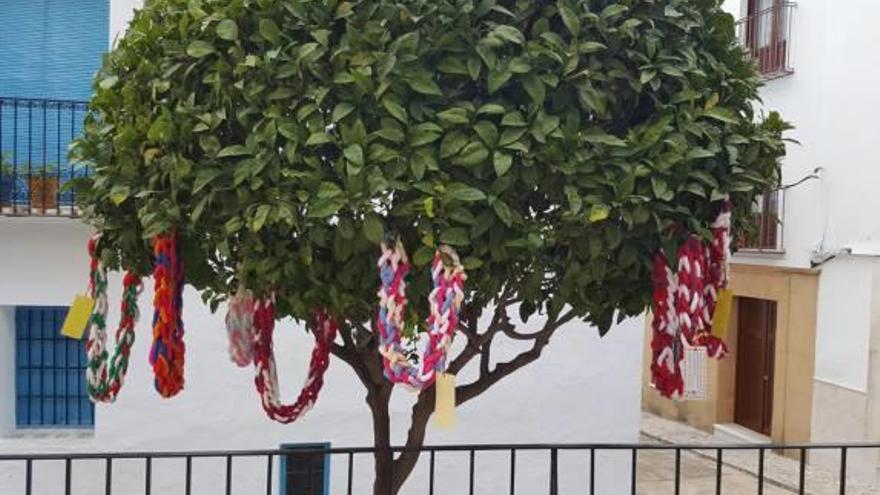 Las bufandas, colgadas de un árbol de la calle Puríssima .