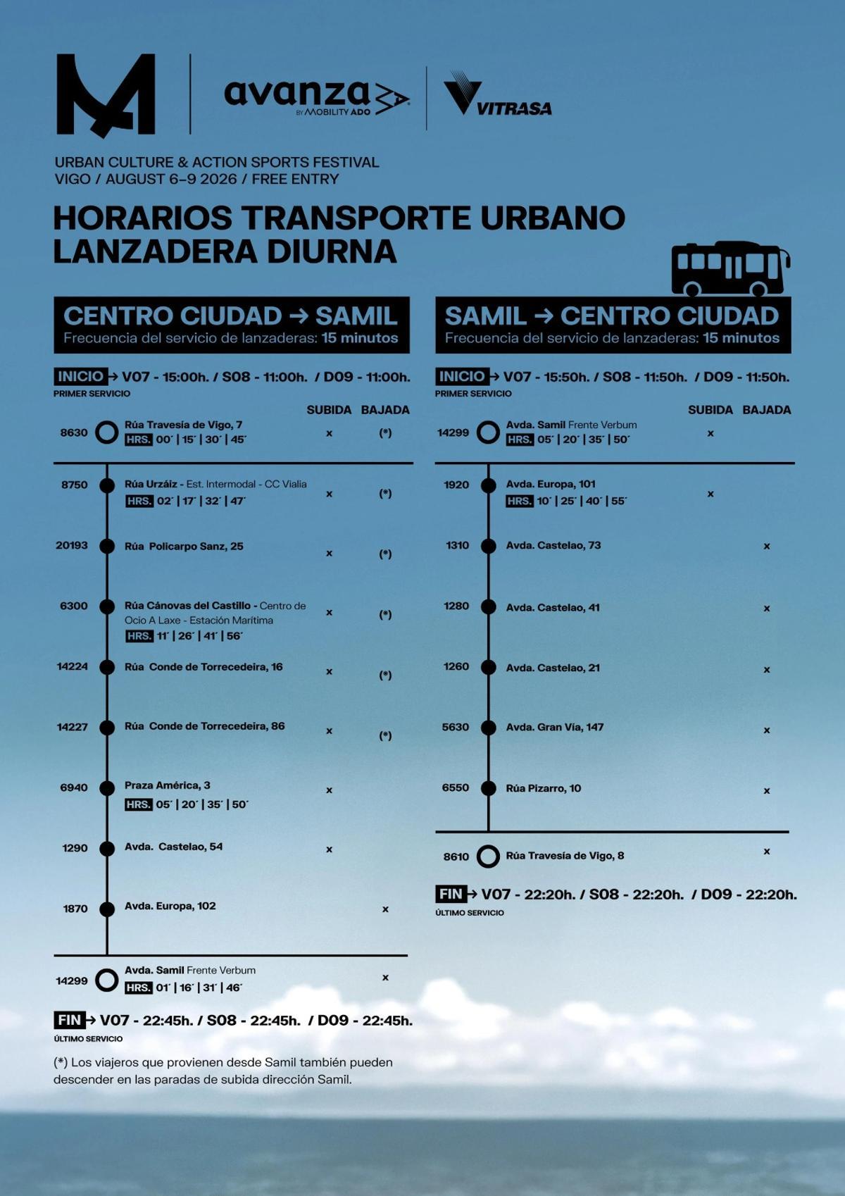 Horarios diurnos del autobús entre Samil y el centro de Vigo durante O Marisquiño