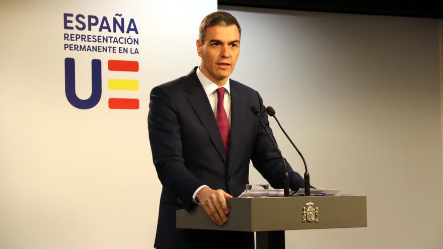 El president espanyol Pedro Sánchez durant una roda de premsa després de la cimera europea