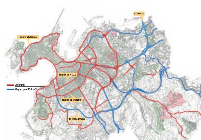 Mapa de calles de A Coruña con los nuevos límites de velocidad.