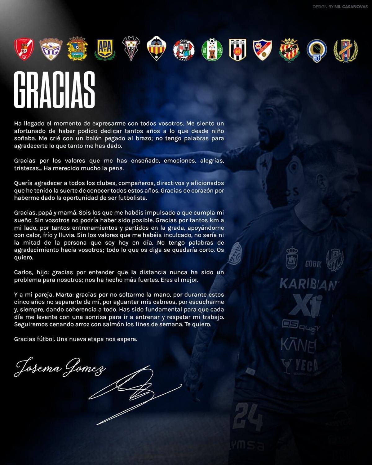 Carta de despedida de Josema Gómez como futbolista del Hércules.