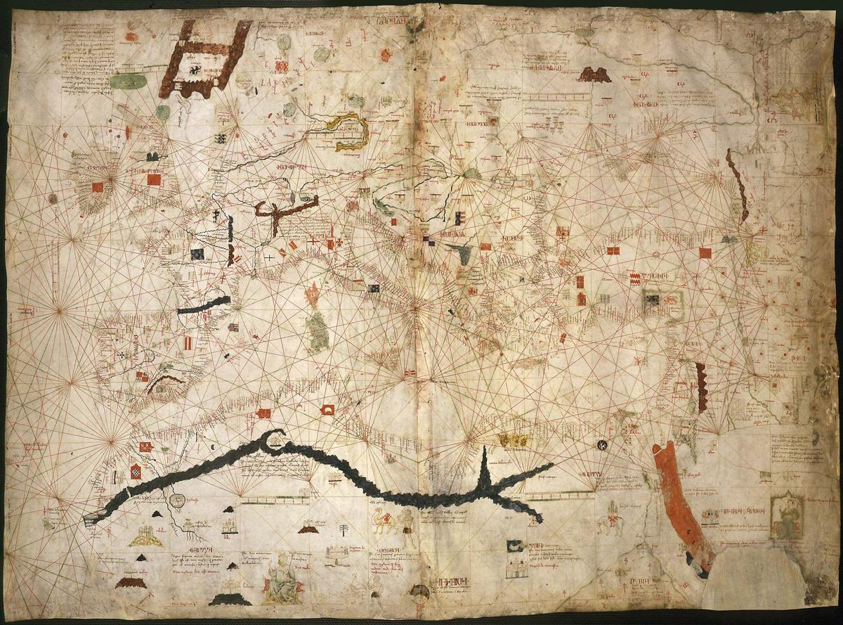 Portulano completo de Dulcert, de 1339, en el que aparecen Lanzarote y Fuerteventura.
