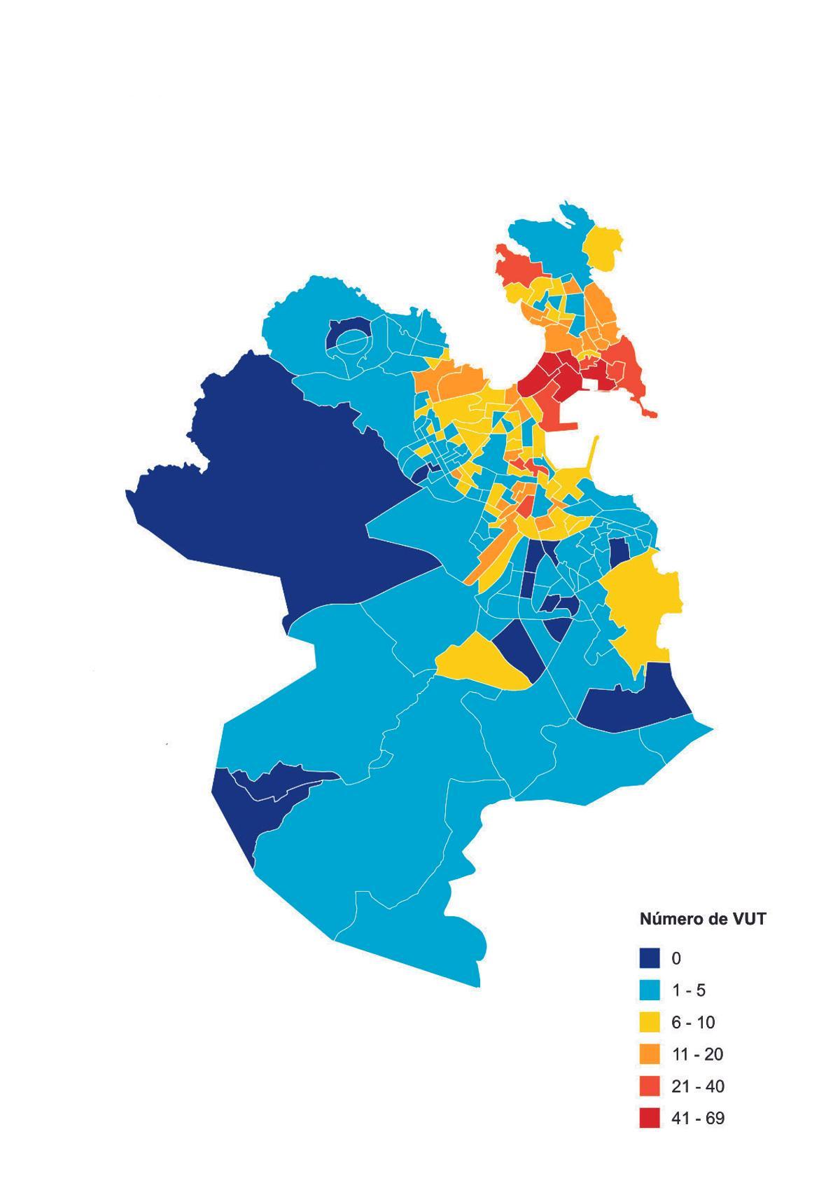 Número de viviendas de uso turístico según la sección censal.