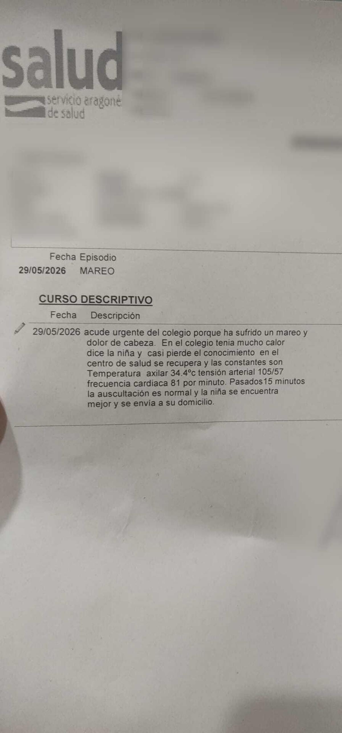 Informe del Salud sobre el estado de la menor con riesgo de golpe de calor.