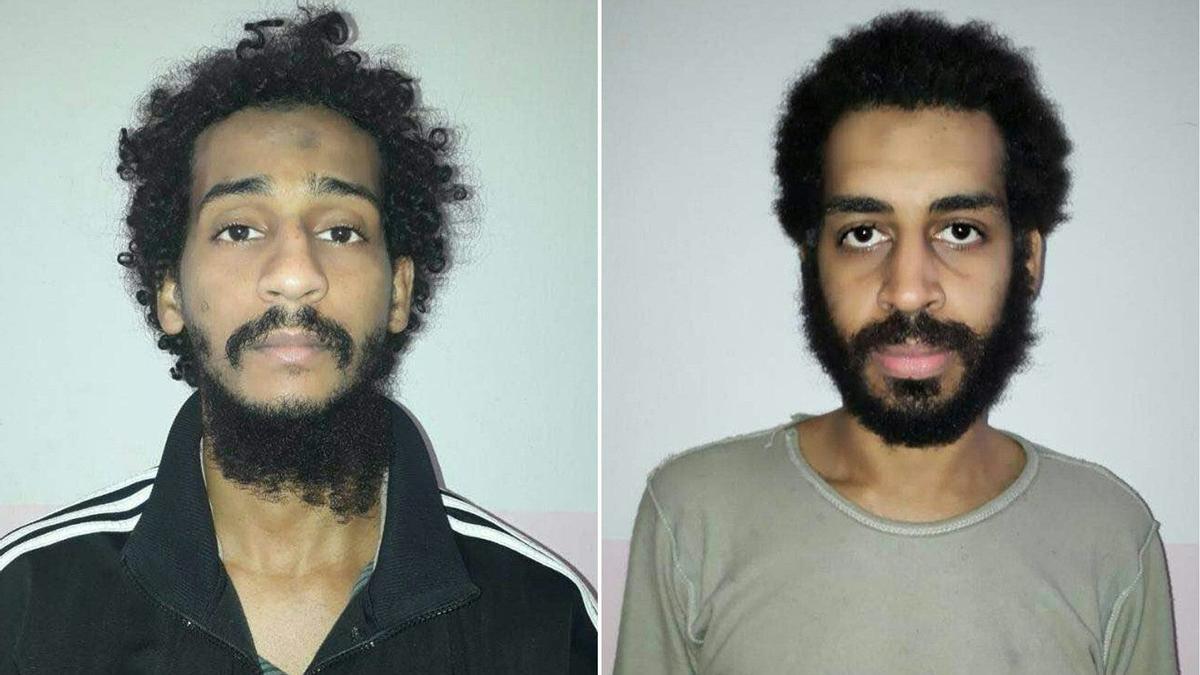 This file photo combination of pictures created on February 11, 2018 from two handout images provided by the Syrian Democratic Forces (SDF) on February 10, 2018 shows captured British Islamic State (IS) group fighters El Shafee el-Sheikh (L) and Alexanda Kotey (R), posing for mugshots in an undisclosed location. - Two members of an Islamic State cell dubbed the &quot;Beatles&quot; accused of killing several Western hostages are to be brought to the United States on October 7, 2020 to face charges, a Justice Department source said. El Shafee Elsheikh and Alexanda Kotey are suspected of involvement in the murders of American journalists James Foley and Steven Sotloff and aid worker Peter Kassig during 2014-2015. They are also believed to be responsible for the murders of two Britons, Alan Henning and David Haines. (Photos by Handout / Syrian Democratic Forces / AFP)