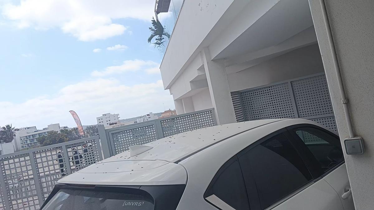 cartuchos y papel quemado en el techo de un auto en el edificio Es Pon, Sant Antoni