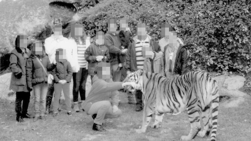 Una foto de la visita al núcleo zoológico aportada por la denunciante en que puede verse a las familias con un tigre.