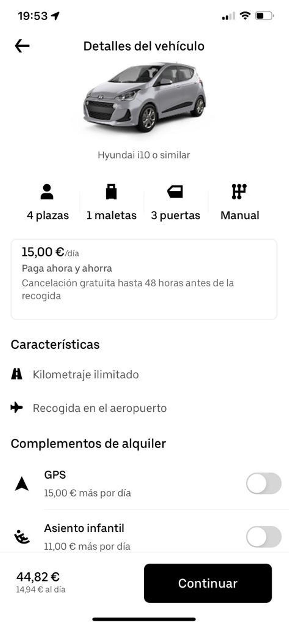 Simulación de alquier de un vehículo pequeño durante tres días a través de Uber Rent