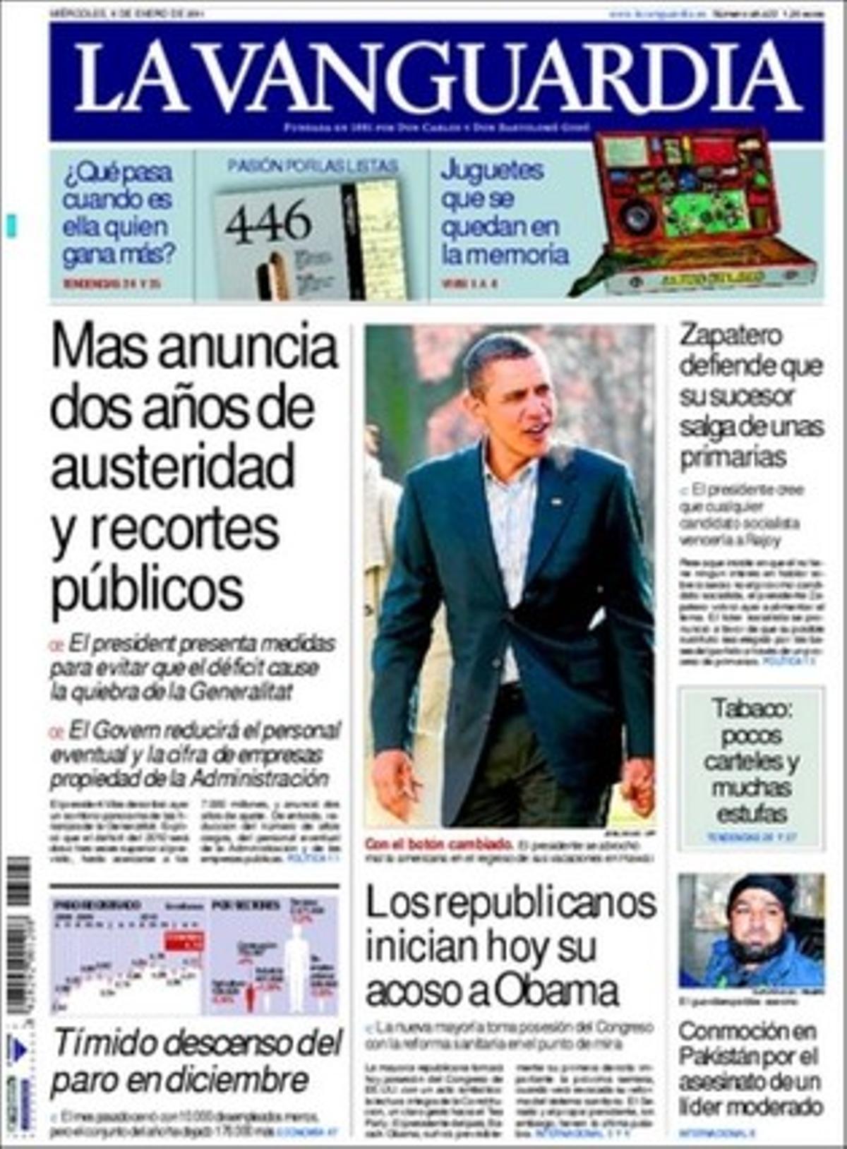 En pàgines interiors ’La Vanguardia’ també ressalta que la Generalitat confisca milers de quilos de pinyes pinyoneres als recol·lectors il·legals, que el conseller d’Empresa i Ocupació, Francesc Xavier Mena, promet retallar l’atur a la meitat en quatre anys, i que Brussel·les vol sotmetre a vigilància els grans bancs comunitaris.