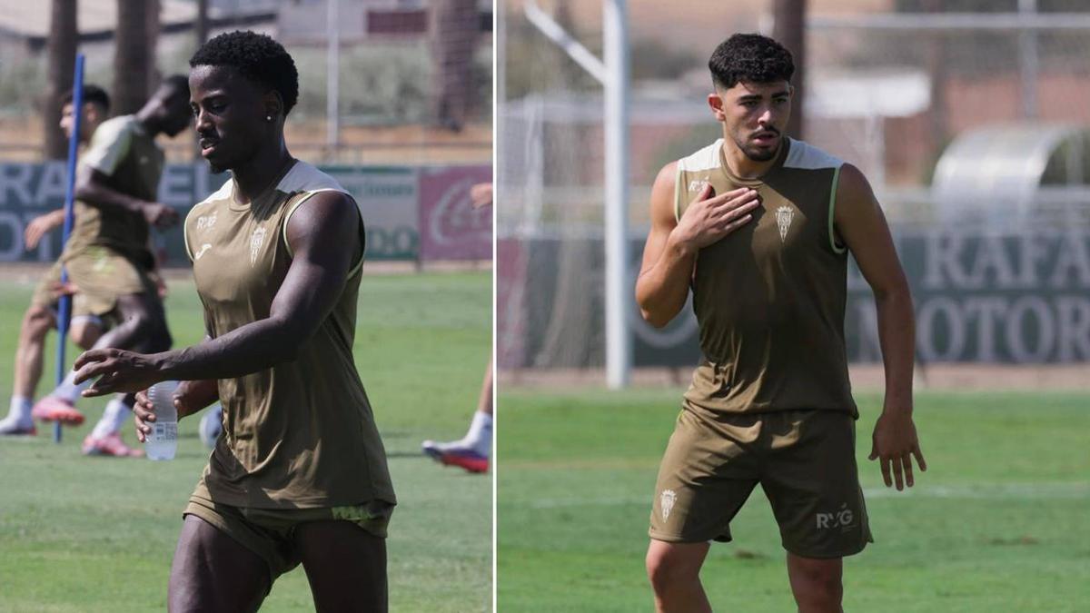 Adilson Mendes y Salim El Jebari, durante la sesión de entrenamiento del Córdoba CF de este martes.
