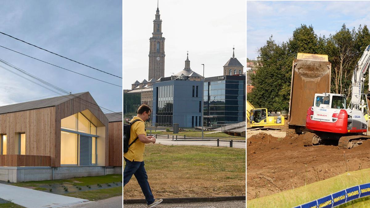 De izquierda a derecha, el vivero de empresas recién construido en La Camocha; edificios dentro del Parque Científico, con la Laboral al fondo y rimeras obras de urbanización en el enclave de La Pecuaria.