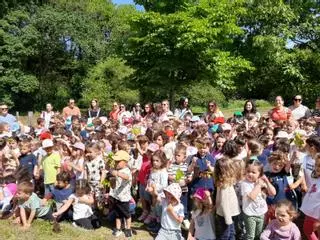 Los niños de la Escuela Peña Careses de Pola de Siero plantan su futuro: un bosque con 90 pláganos y 240 pinos de regalo a las familias
