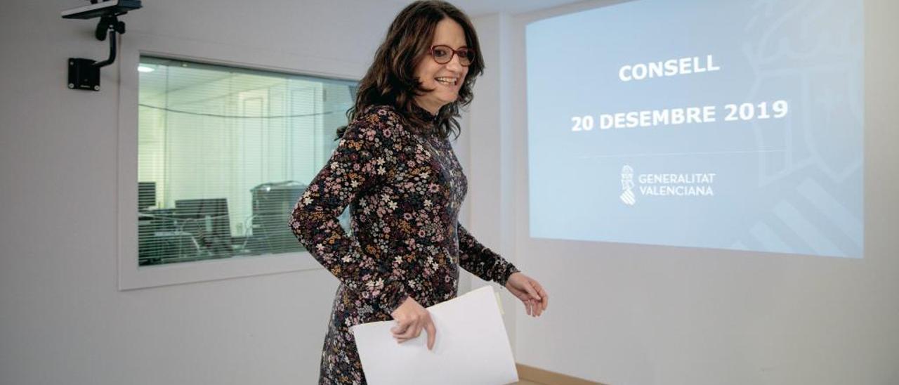 Mónica Oltra, ayer, a su llegada a la rueda de prensa tras la reunión del Consell.