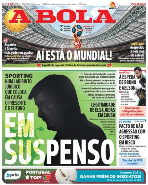 Portada A BOLA jueves 14 de junio de 2018