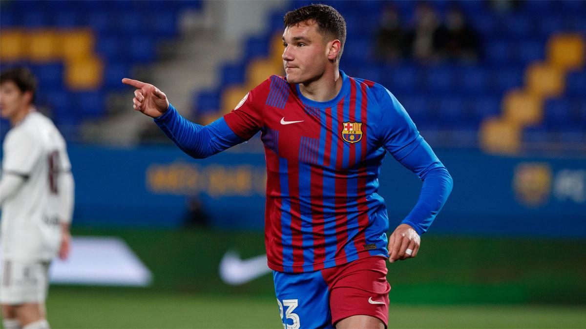 Ferran Jutglà, celebrando un gol ante el Albacete con el Barça B