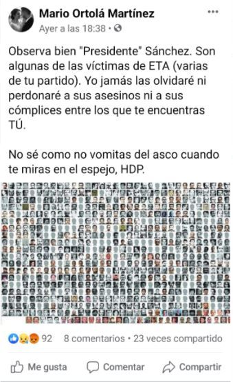 Publicación en Facebook de Mario Ortolá en la que llamaba &quot;HDP&quot; a Pedro Sánchez.