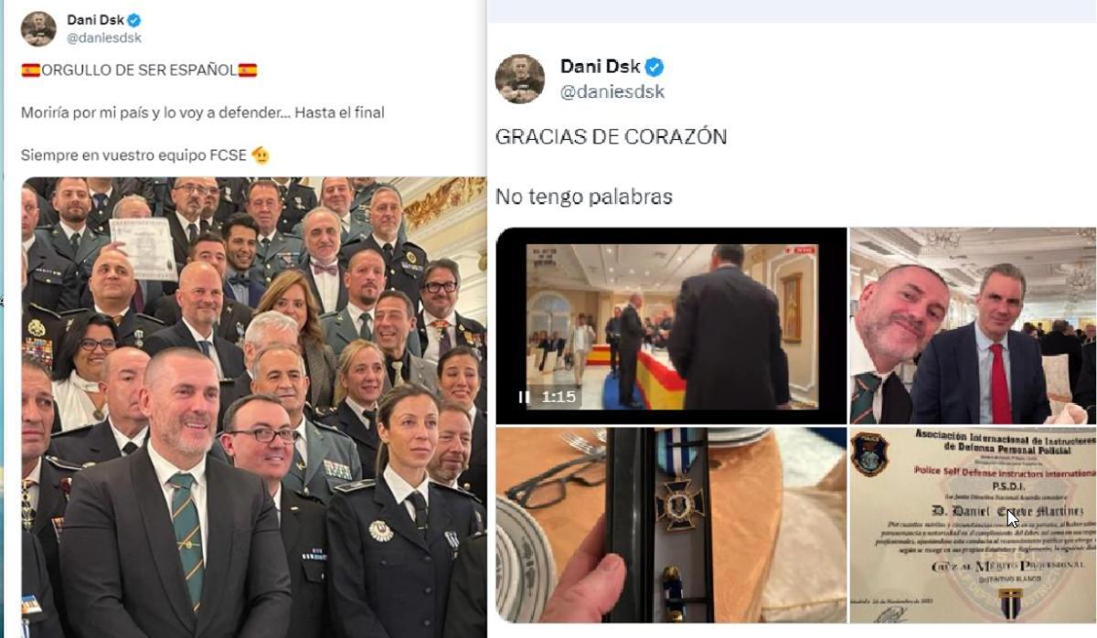 Dos tuits del líder de Desokupa celebrando la medalla. En uno de ellos se muestra junto al resto de premiados y en el otro compartiendo mesa con el diputado de Vox Javier Ortega Smith.
