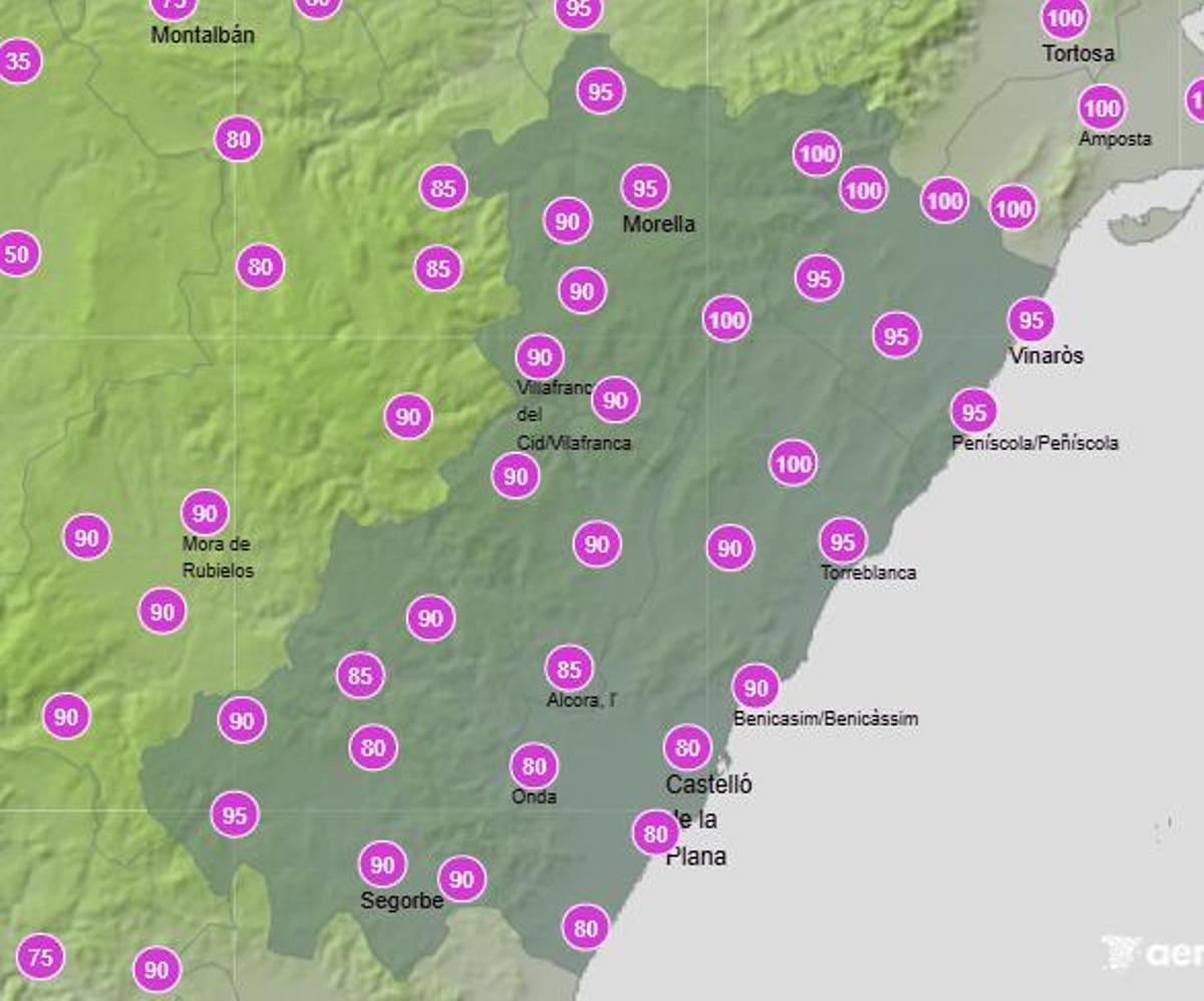 Probabilidad de lluvia en Castellón entre las 6.00 y las 12.00 horas.