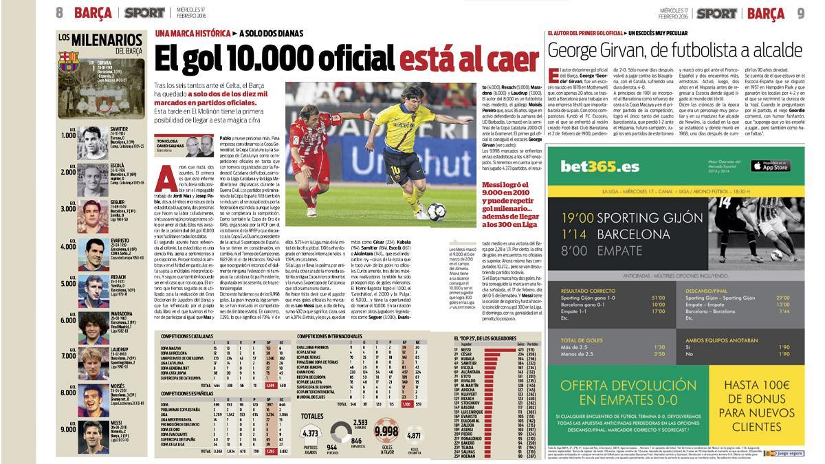 Las pàginas de SPORT anunciando, en febrero de 2016, la cercanía del gol 10.000 del FC Barcelona
