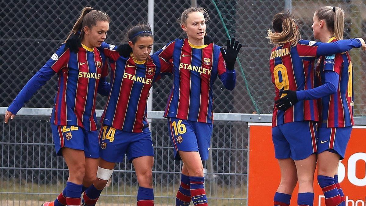 Hjoerring (Denmark)  10 03 2021 - Aitana Bonmati (2-L) of Barcelona celebrates with teammates after scoring a goal during the UEFA Women s Champions League round of 16  second leg soccer match between Fortuna Hjoerring and FC Barcelona in Hjoerring  Denmark  10 March 2021  (Liga de Campeones  Dinamarca) EFE EPA Claus Bjoern Larsen DENMARK OUT