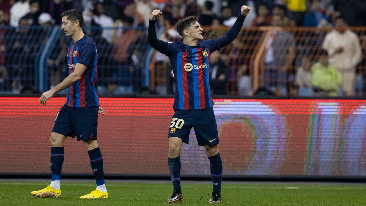 Gavi celebrando el gol que inauguraba el marcador en la final de la Supercopa de España