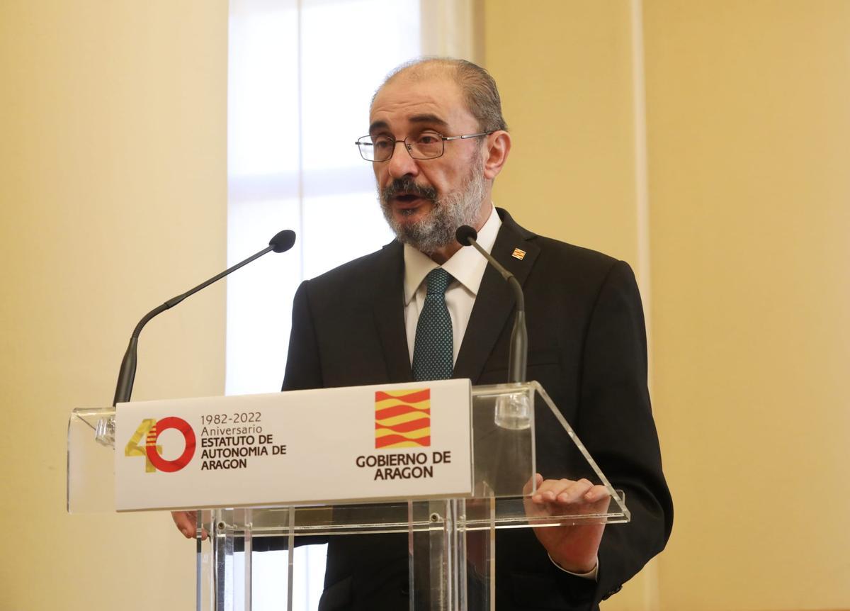 El presidente Javier Lambán durante la comparecencia este miércoles.