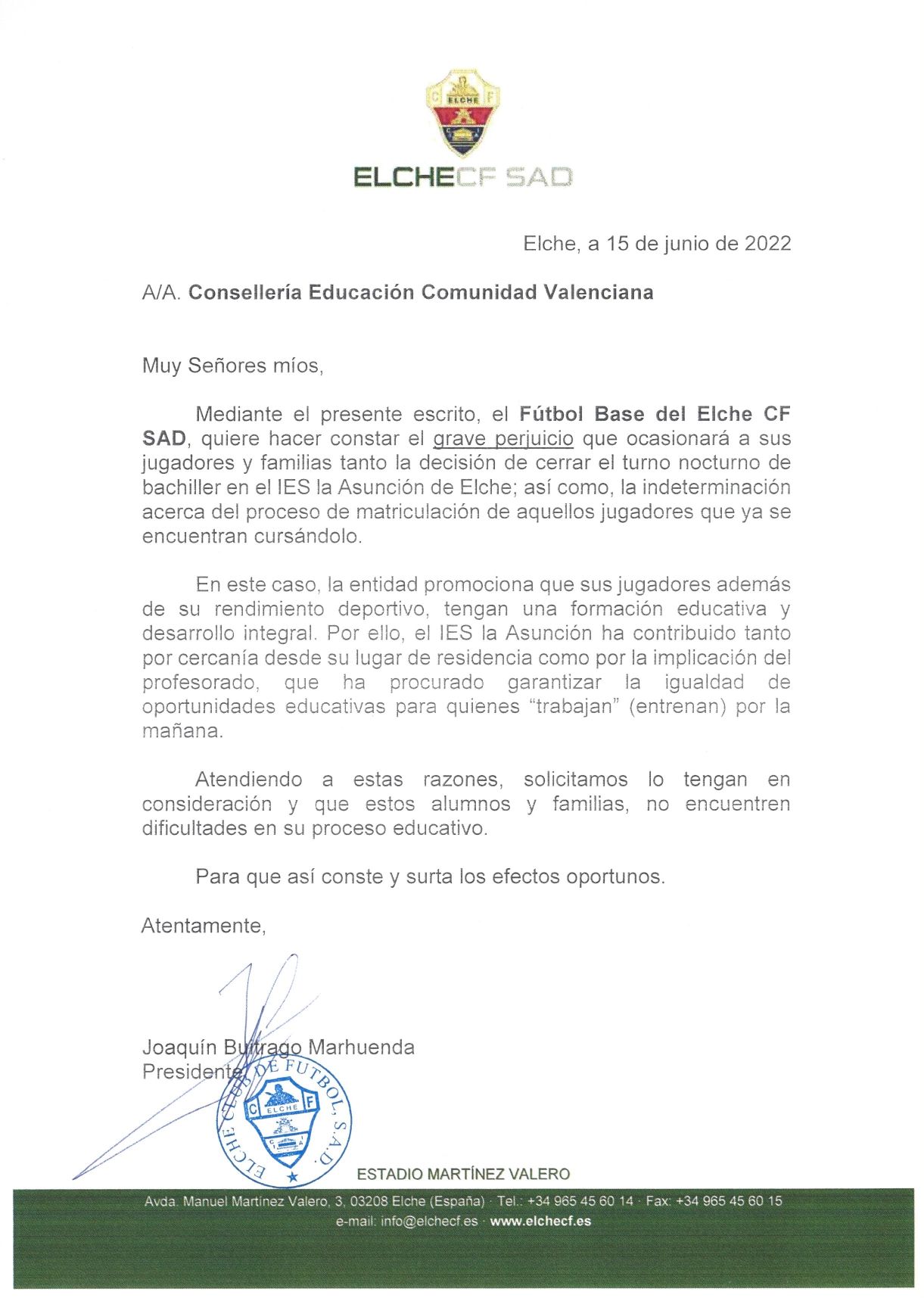 Carta del presidente del Elche CF, Joaquín Buitrago, a la Conselleria de Educación.