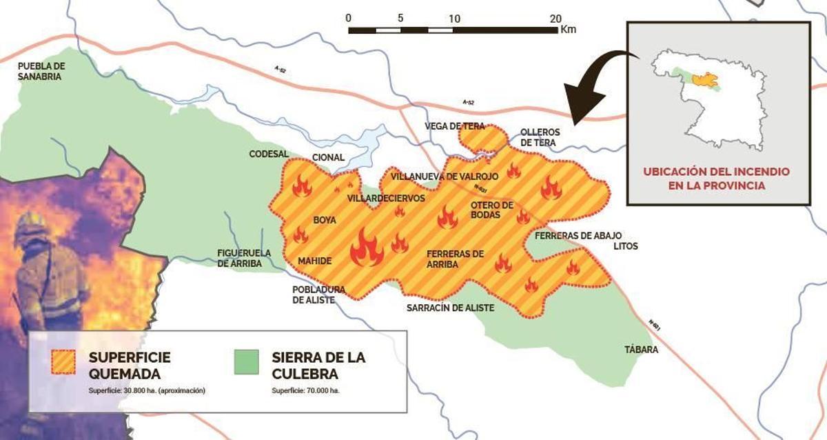 Medio Ambiente cifra en 30.800 hectáreas el desastre, que afecta a 24 pueblos.