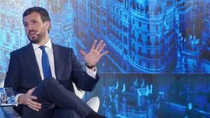 El presidente del PP, Pablo Casado, el martes en Madrid, en el tercer Congreso bienal Iberoamericano organizado por el Consejo Empresarial Alianza por Iberoamérica (CEAPI).    