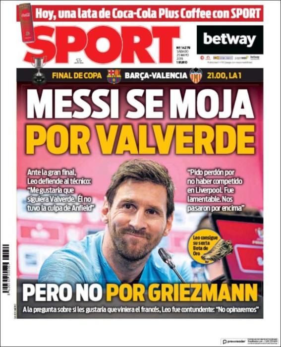 Portada SPORT sábado 25 de mayo de 2019.