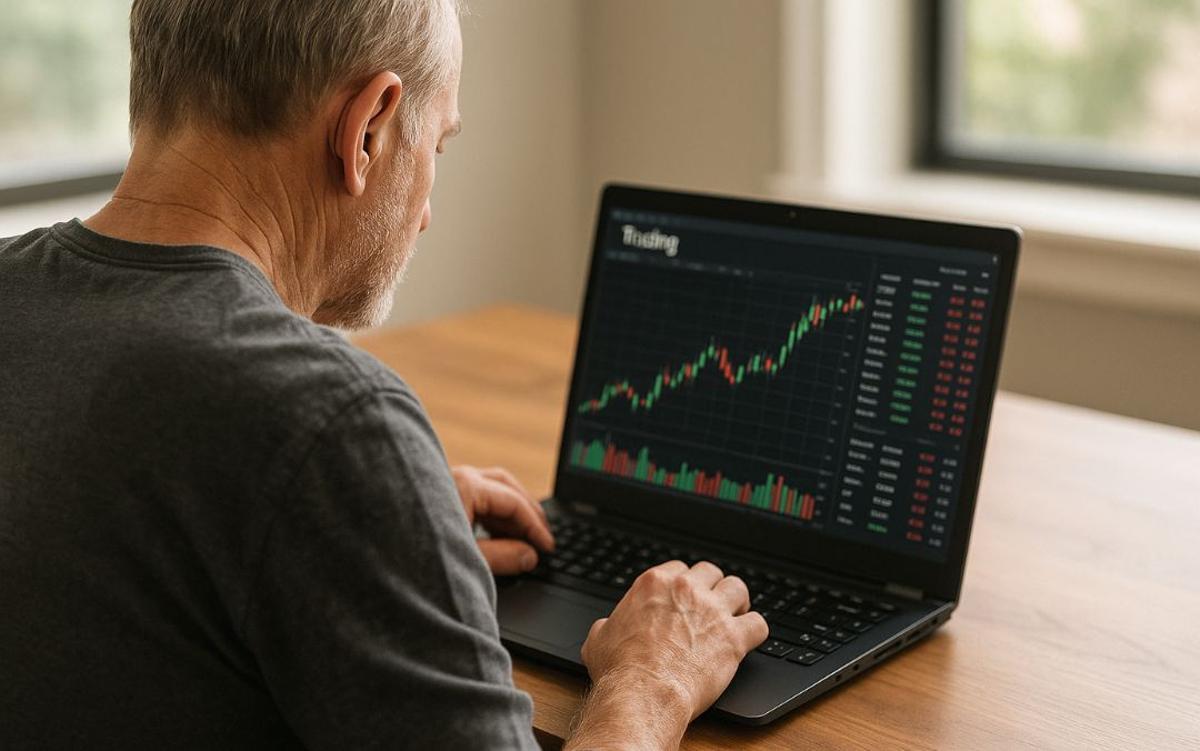 Imagen de un hombre adulto inviertiendo en criptoactivos.