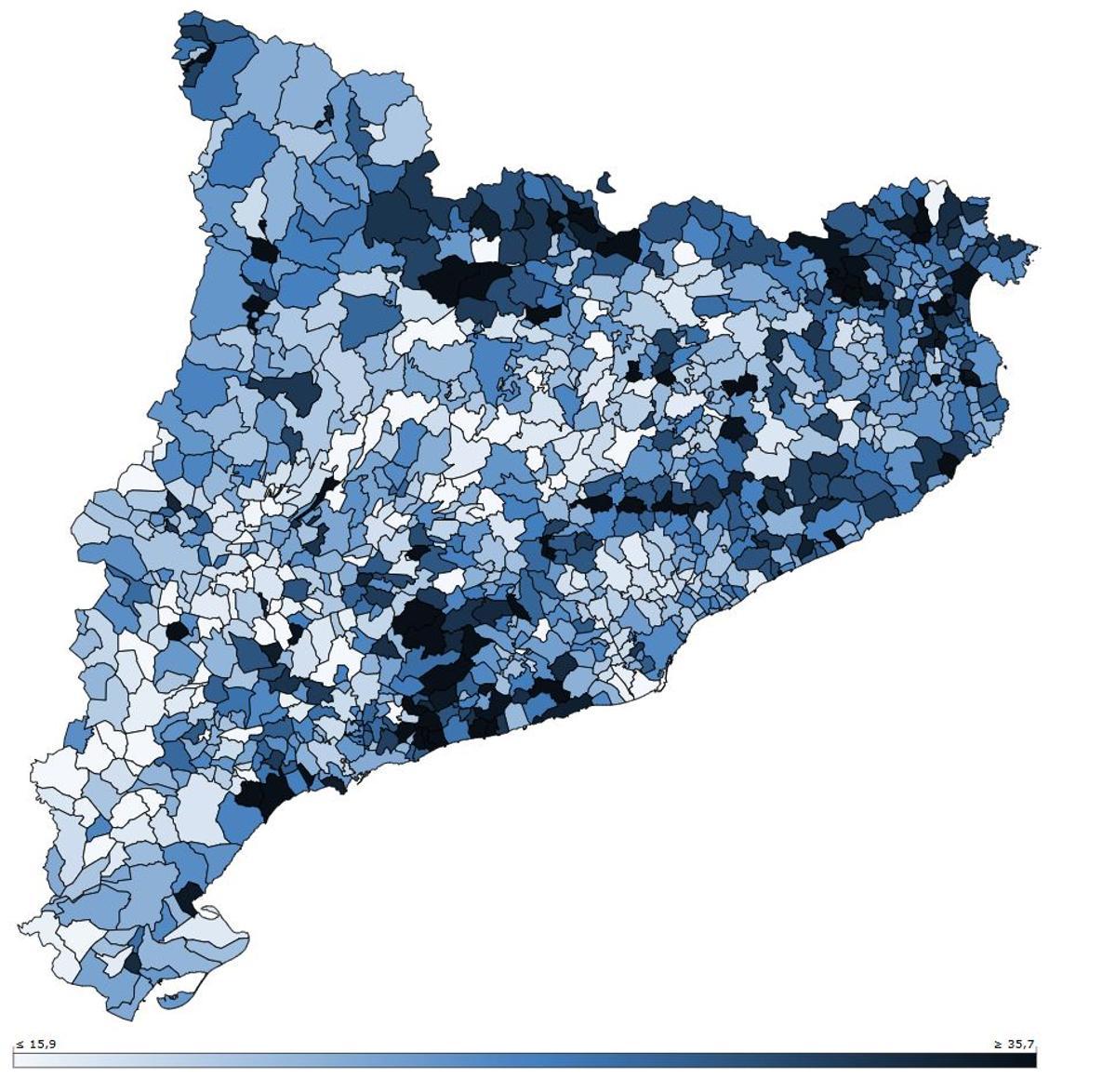 Proporció de població arribada al municipi en els darrers 5 anys (%). Municipis. 2024