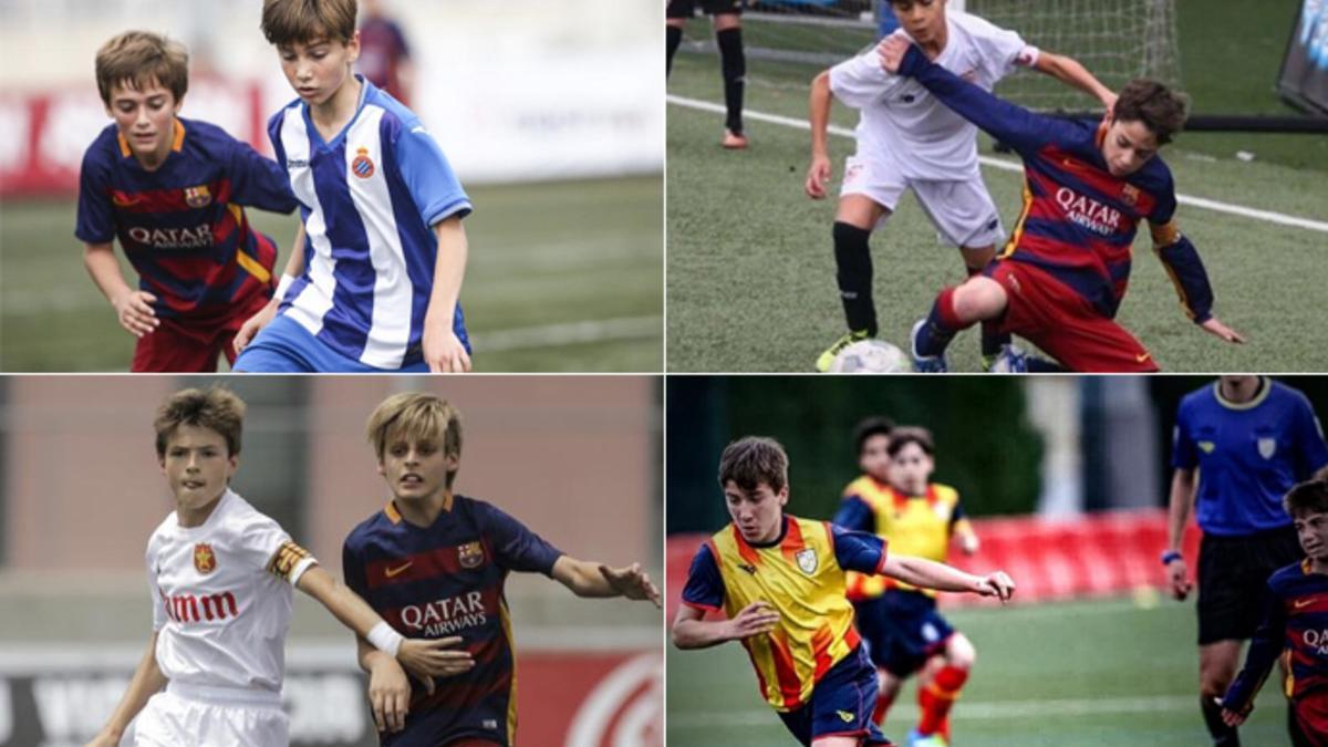 Jan Oliveras, arriba a la izquierda, Juan Larios, arriba a la derecha, Arnau Casas, debajo a la izquierda y Xavi Planas, debajo a la derecha, jugando ante el Barça