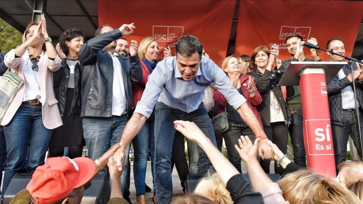 Pedro Sánchez, este martes, durante su acto de campaña en Sabadell.