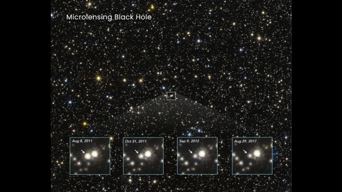 Una imagen compuesta capturada por el telescopio espacial Hubble muestra el cambio en el brillo de una estrella, causado por un agujero negro (en primer plano) que se desplaza frente a ella. El brillo aparente de fondo de la estrella es causado por lentes gravitacionales.