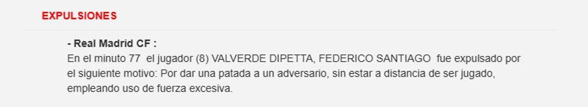 El acta arbitral sobre la roja de Valverde por su entrada a Baena