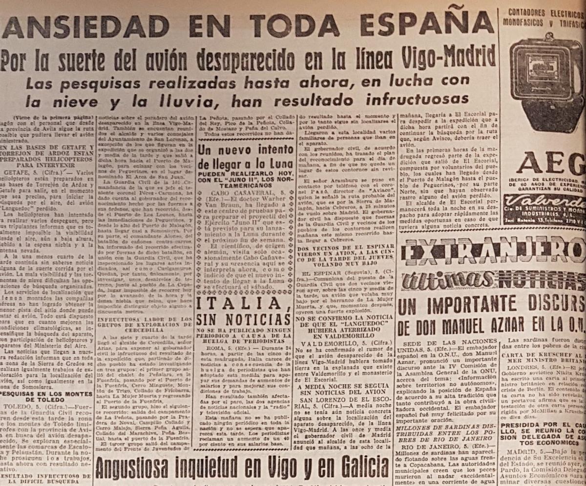 Recorte de FARO DE VIGO del 6 de diciembre de 1958, dos días después de la desaparición del vuelo Vigo-Madrid de Aviaco. / FDV