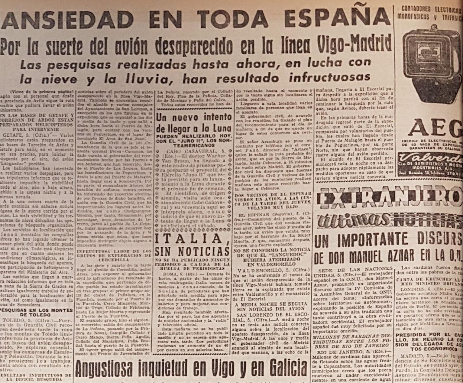 Recorte de FARO DE VIGO del 6 de diciembre de 1958, dos días después de la desaparición del vuelo Vigo-Madrid de Aviaco. 