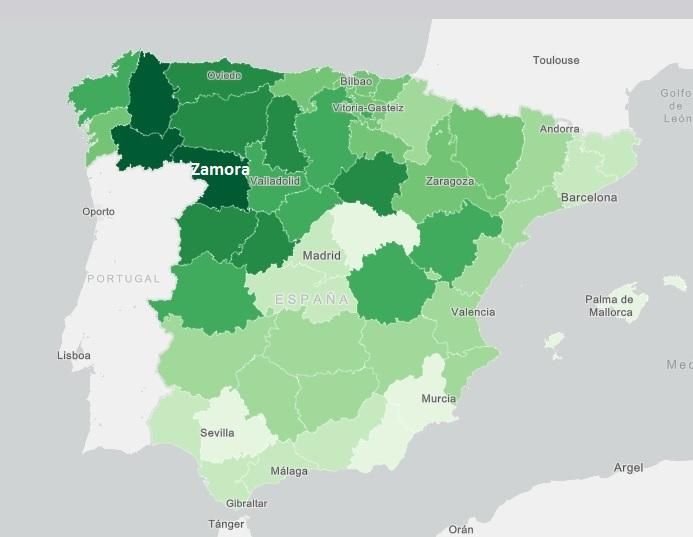 Incidencia del cáncer en España. En oscuro, las provincias con mayor incidencia