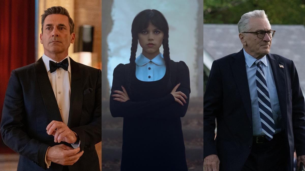 De izquierda a derecha, Jon Hamm en 'Your friends and neighbors', Jenna Ortega en la segunda temporada de 'Miércoles', y Robert De Niro en 'Día cero'