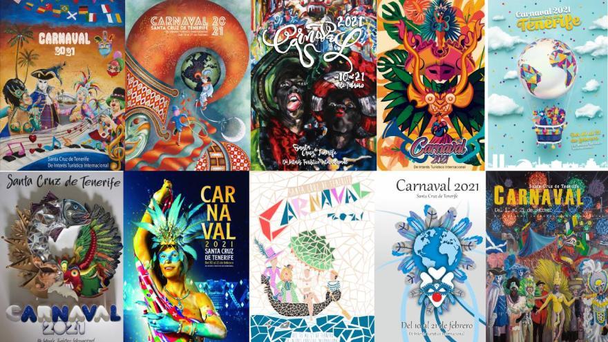 Mosaico con los 10 carteles finalistas del concurso popular del Cartel del Carnaval de Santa Cruz de Tenerife 2021