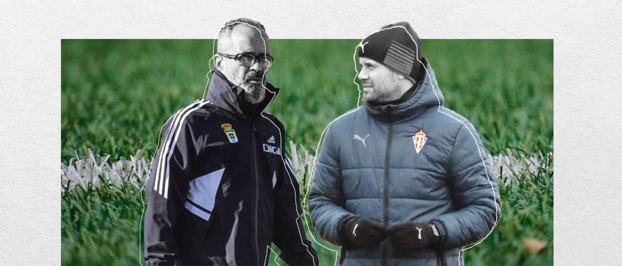 Por la izquierda, Álvaro Cervera, entrenador del Oviedo y Miguel Ángel Ramírez, entrenador del Sporting