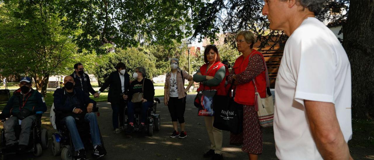 Uno de los paseos guiados, ayer, en el parque de Ferrera, con voluntarios de Mavea. Abajo, los participantes de Cruz Roja. | M. Villamuza