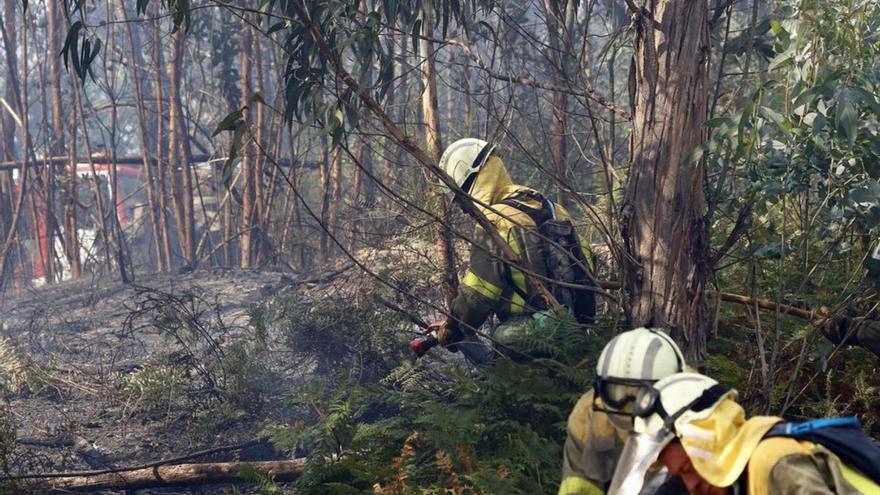 Brigadistas trabajando en la extinción de un incendio en Ponteareas.