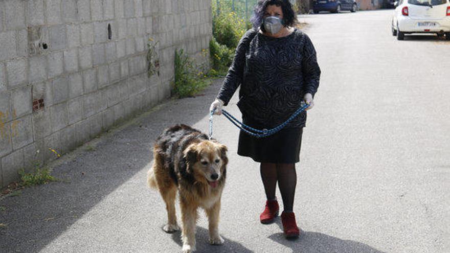 Una voluntària passejant un gos per un carrer de Vilajuïga